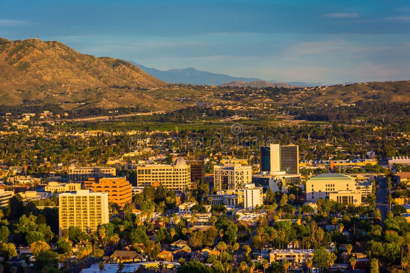 Evening light on on distant mountains and the city of Riverside stock photography