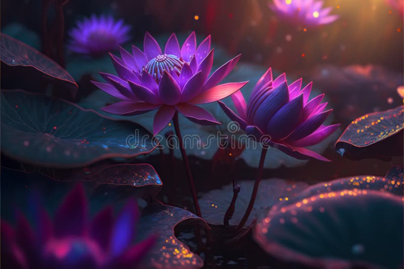 Evening Lotus Lake in the Fog Stock Illustration Illustration of