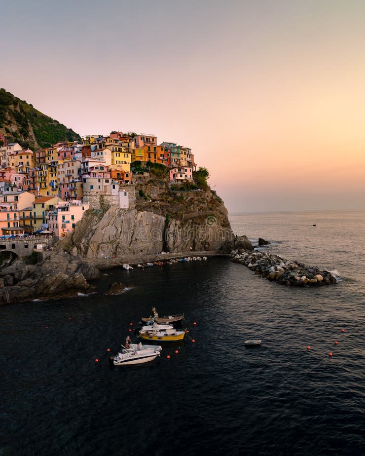 Evening at Manarola Village Cinque Terre Coast Italy. Manarola colorful town Liguria