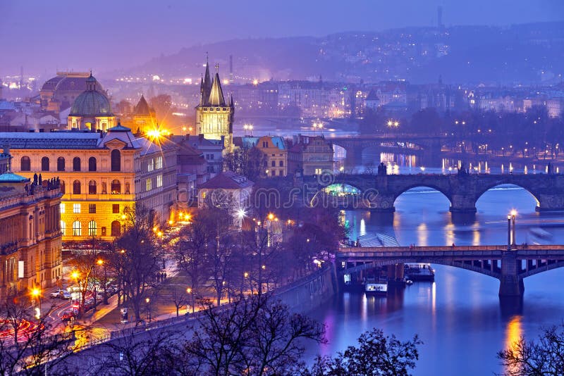 Evening over river Vltava near Charles bridge in Prague