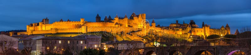 Evening panorama of Carcassonne fortress, France