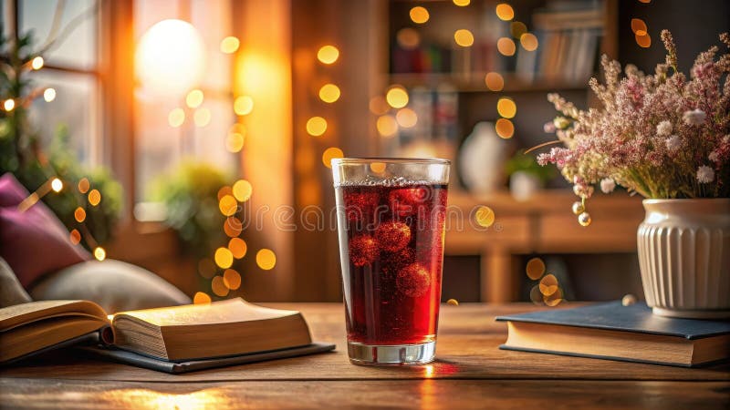 Evening relaxation a refreshing dark beverage with ice, books, and soft lighting in a cozy room. Generative AI royalty free illustration