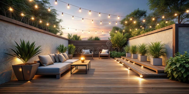 Evening relaxation on a secluded wooden deck with string lights. Generative AI stock illustration