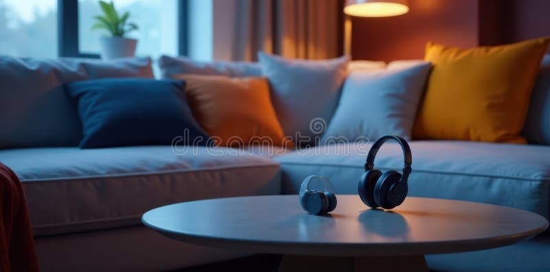 Evening relaxation wireless headphones resting on a coffee table in a cozy living room setting. Generative AI stock illustration