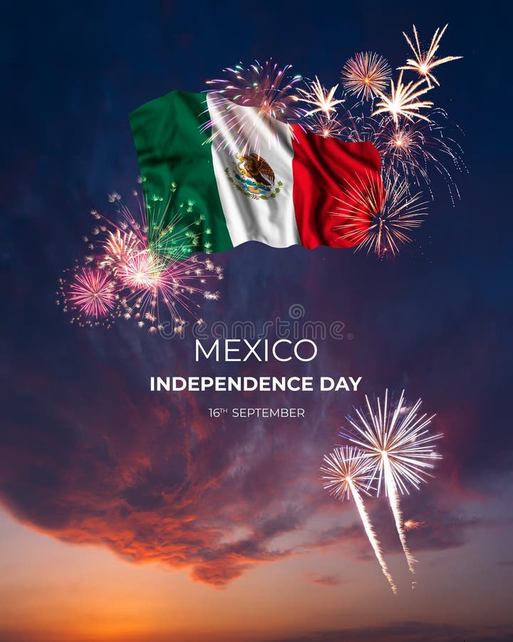 Majestic Fireworks and Flag of Mexico on National Holiday Stock Image