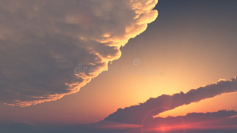Večer, nebe, západ slunce, slunce je pokryta dvěma cloud formace big puffy cumulus a dlouho stratus mraky.