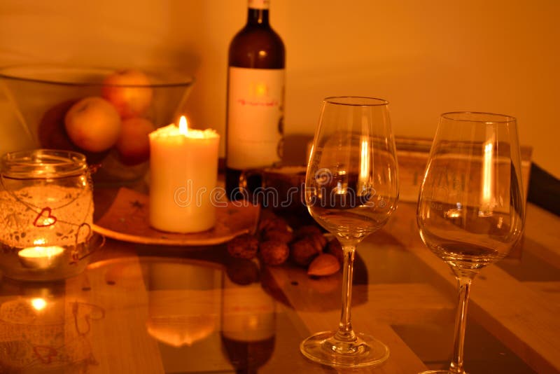 Evening Still Life with Wine and Candles Stock Photo Image of cosy, life 63474608