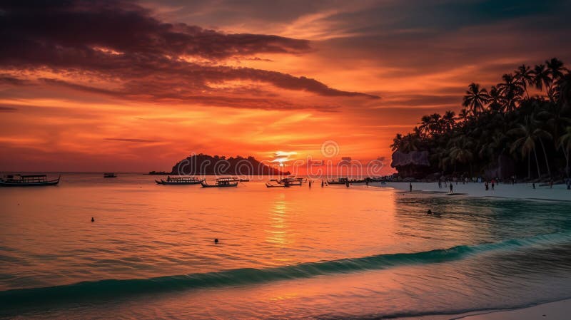 Evening sunset Boracay island, Western Visayas, Philippines beach on the ocean. ai generative stock illustration