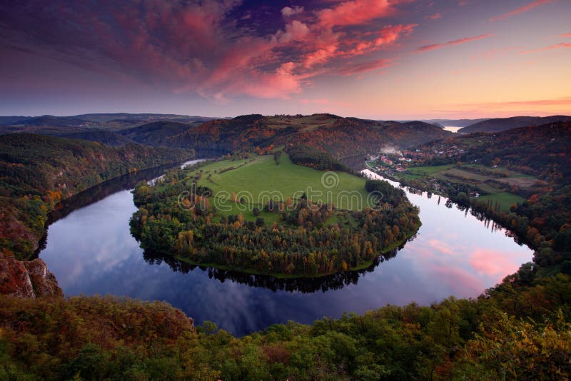 Evening sunset at horseshoe bend, Vltava river, Czech republic