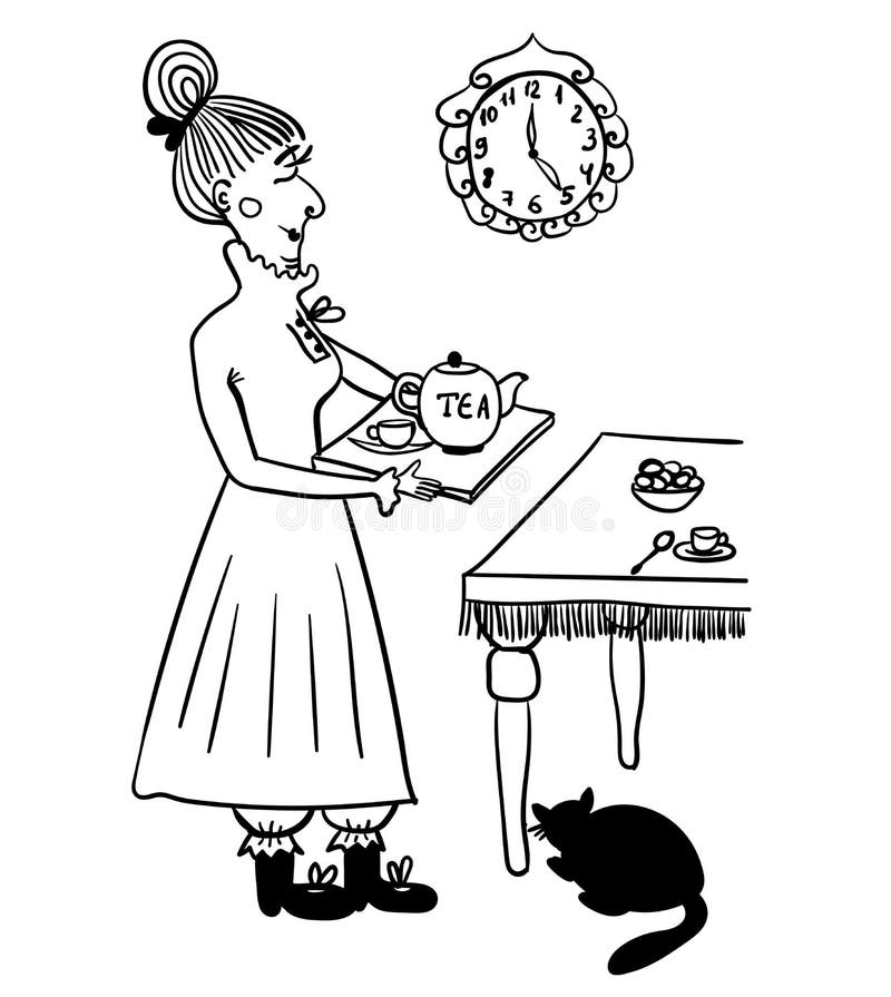 Evening tea drinking elderly lady comic illustration