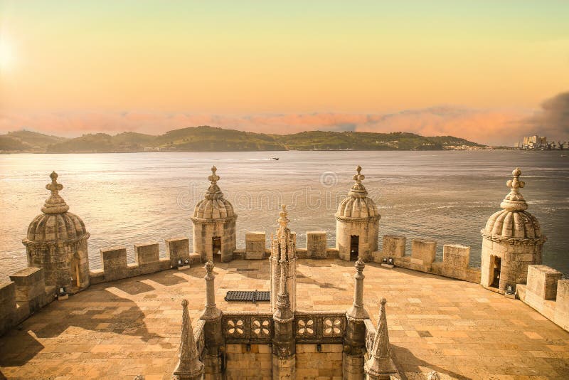 Tagus River view from the historic 16th century Belem Tower Torre de Belem. Tagus River view from the historic 16th century Belem Tower Torre de Belem