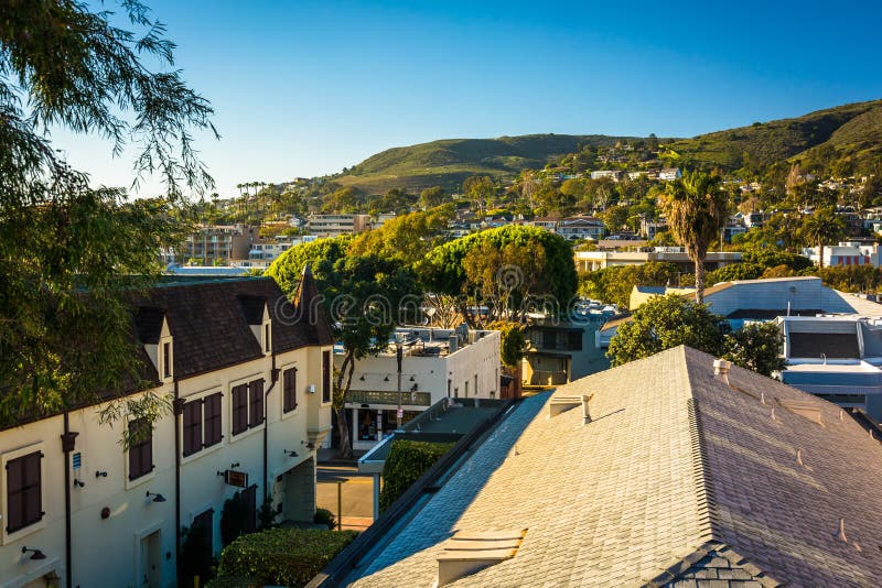Evening View of Buildings and Hills in Laguna Beach Stock Photo Image