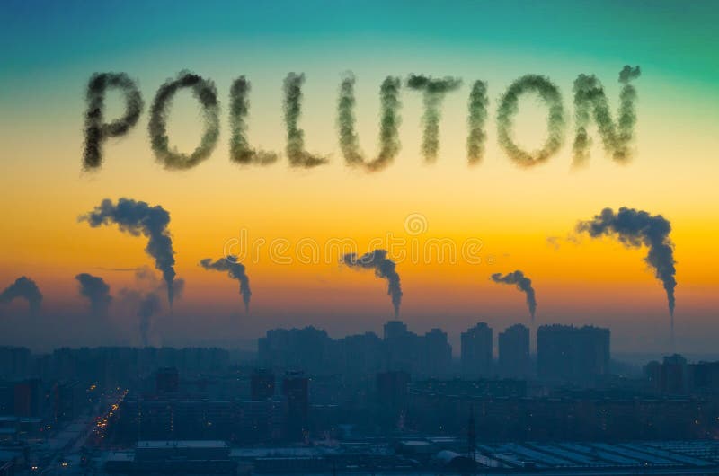 Evening view of the industrial landscape of the city with smoke emissions from chimneys at sunset. Inscription pollution. stock image Evening view of the industrial landscape of the city with smoke emissions from chimneys at sunset. Inscription pollution. stock image