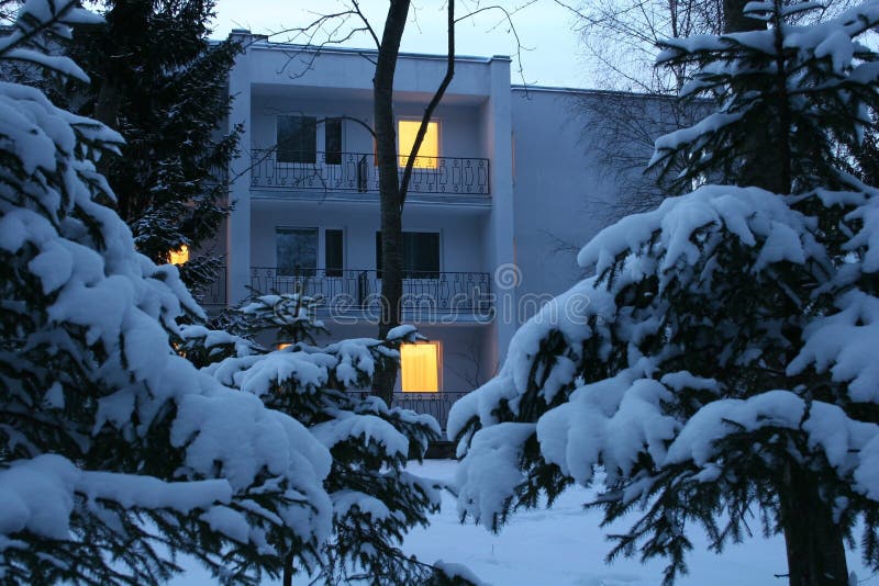 Evening winter house