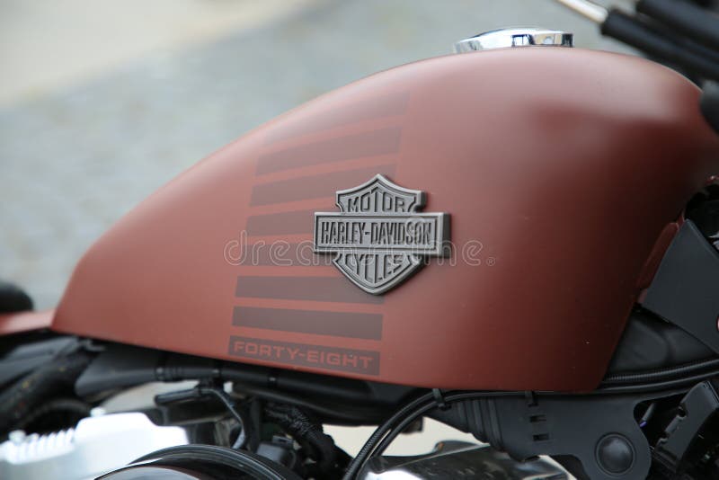 Harley Davidson motorcycle fuel tank with emblem, close-up