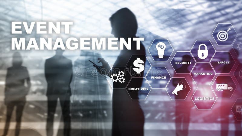 Event management Concept. Event management flowchart. Event management related items. Mixed media business. royalty free illustration Event management Concept. Event management flowchart. Event management related items. Mixed media business. royalty free illustration