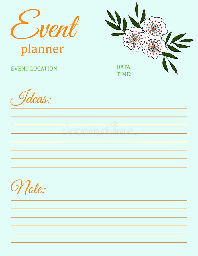 Event Planner Template. Notepad Page Design with Floral Motif Stock Vector Illustration of