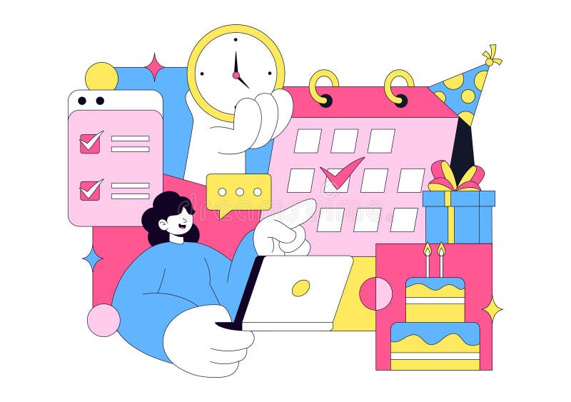 Event Planner Vector Illustration Featuring Party Decorations, Scheduling, Time Management, Business Agenda, And Calendar stock illustration