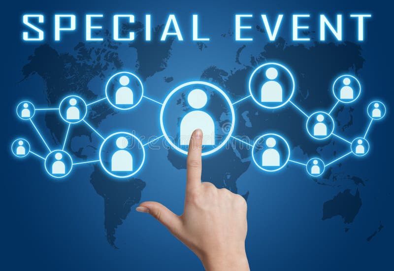 Special Event concept with hand pressing social icons on blue world map background. Special Event concept with hand pressing social icons on blue world map background.