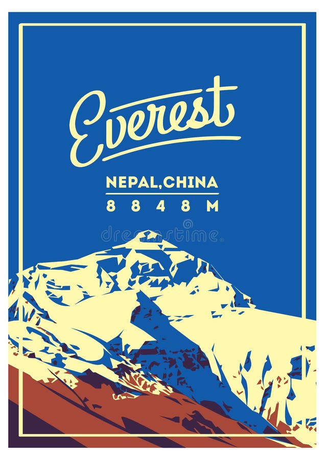 Everest in Himalayas, Nepal, China outdoor adventure poster. Chomolungma mountain illustration.