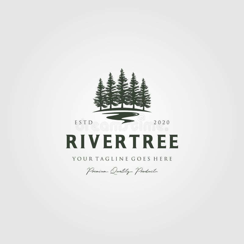 Evergreen pine tree-logotyp vintage with flock creek vector emblem illustration design vektor illustrationer