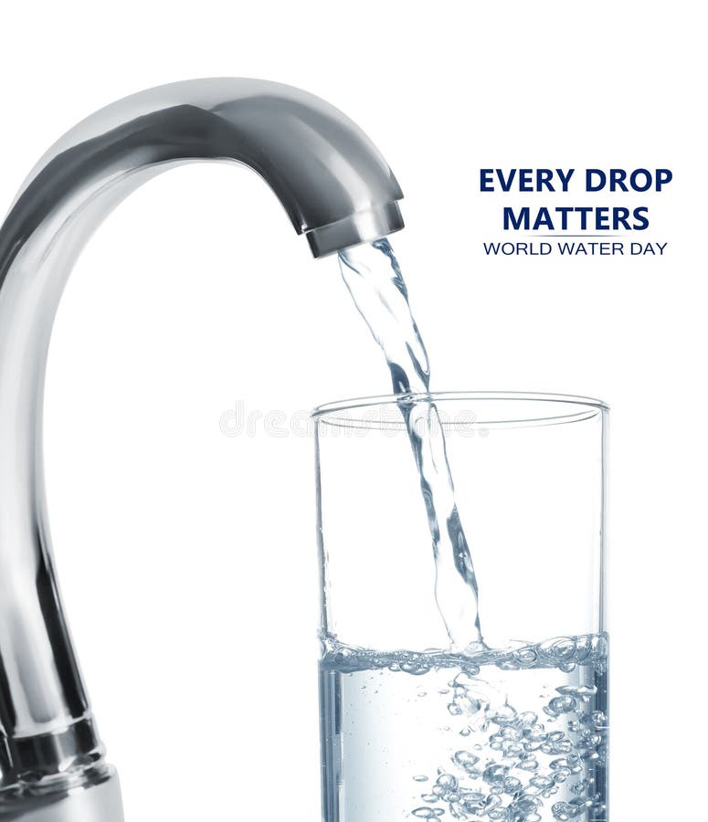 Every Drop Matters. Filling Glass with Water from Tap on White