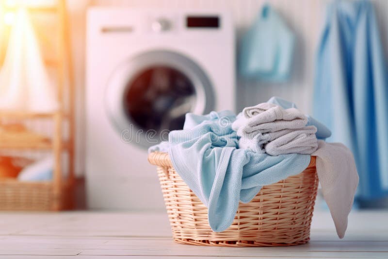 Everyday life: a washing machine and a basket full of fresh laundry vector illustration