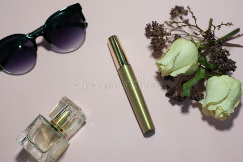 Everything for a woman on a pink background royalty free stock photo Everything for a woman on a pink background royalty free stock photo