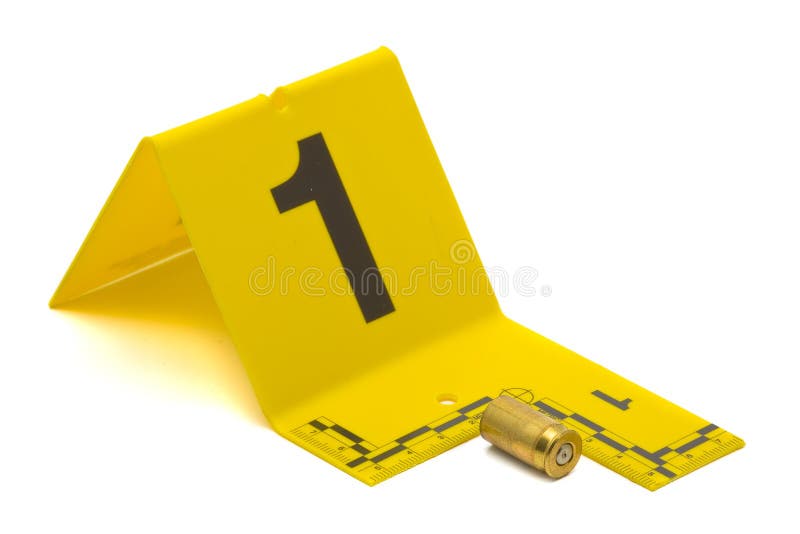 Evidence marker with bullet casing on white background. Evidence marker with bullet casing on white background