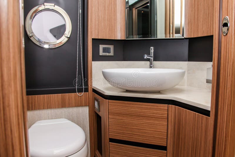 NORWALK, USA - SEPTEMBER 21, 2017: Absolute 50FLY bathroom interior view from exhibit in Norwalk Boat Show 2017. NORWALK, USA - SEPTEMBER 21, 2017: Absolute 50FLY bathroom interior view from exhibit in Norwalk Boat Show 2017