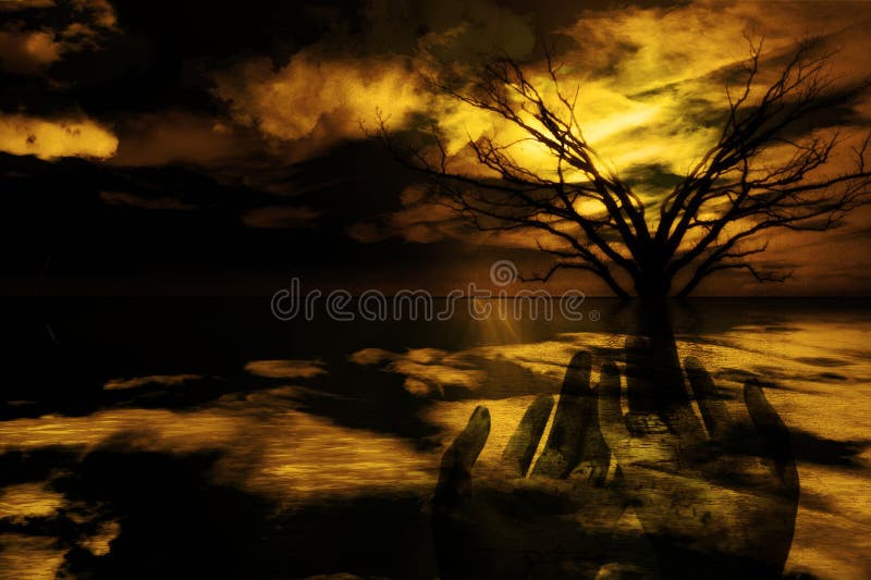 Praying Gesture in surreal landscape. Praying Gesture in surreal landscape