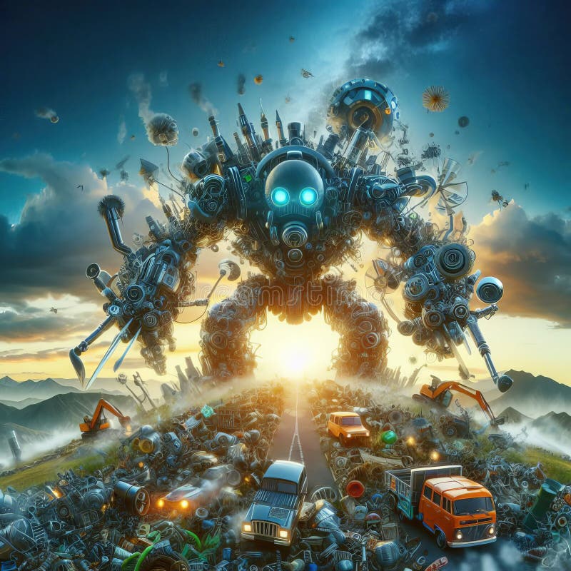 Evil robots are not happy with the pollution of the planet and clean the earth of garbage. Ecology and planet pollution concept royalty free illustration
