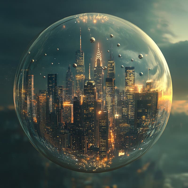 Evisionering av en futuristisk Metropolis som är inkuvad i en Dreamlike Bubble : A Surreal Skyline royaltyfri illustrationer