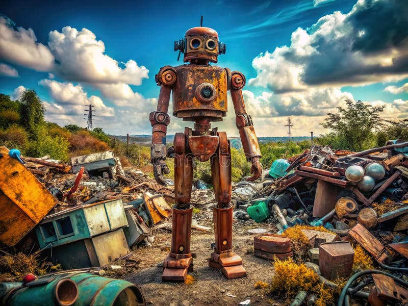 A Silent Sentinel A Rusty Robot Buried Beneath the Rubble of a Desolate Landscape a Symbol of a stock illustration