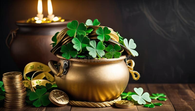 Evoking a sense of enchantment, this image features a golden pot filled with lush clovers and scattered gold coins, reminiscent of timeless tales of luck.. AI Generation AI generated. Evoking a sense of enchantment, this image features a golden pot filled with lush clovers and scattered gold coins, reminiscent of timeless tales of luck.. AI Generation AI generated