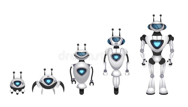 Evolución del robot alienígena. futuras máquinas digitales con ingeniería de modelos de ciborg de antena. asistentes de tecnología ilustración del vector