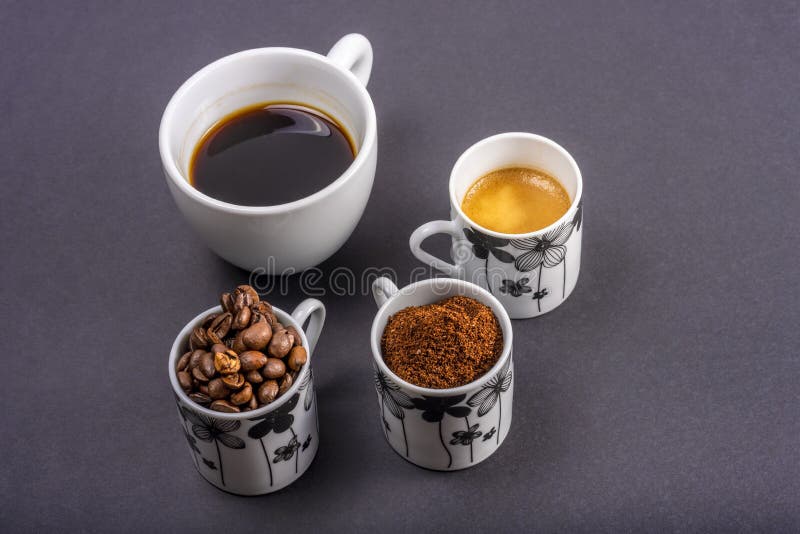 The Evolution of Coffee. Coffee Beans, Ground Coffee and Cup of