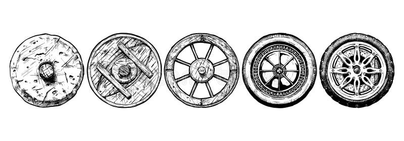 Vector hand drawn illustration of the wheel evolution set. Set in ink hand drawn style. stone wheel, antique wooden wheel, spoked wheel, steel wheel, modern alloy wheel. Vector hand drawn illustration of the wheel evolution set. Set in ink hand drawn style. stone wheel, antique wooden wheel, spoked wheel, steel wheel, modern alloy wheel