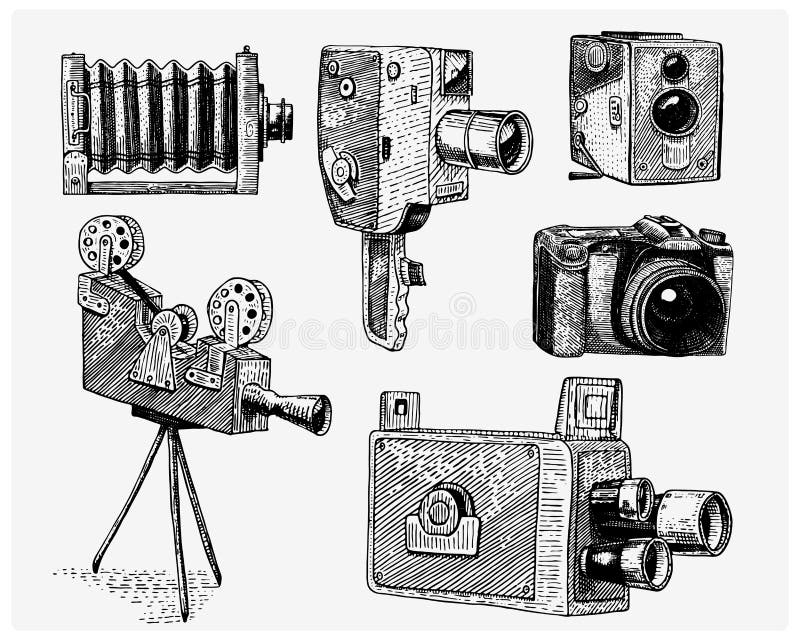 A evolução da foto, vídeo, filme, câmera de filme de primeiramente até agora o vintage, gravou a mão tirada no esboço ou no corte ilustração royalty free A evolução da foto, vídeo, filme, câmera de filme de primeiramente até agora o vintage, gravou a mão tirada no esboço ou no corte ilustração royalty free