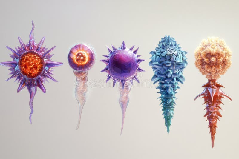 Evoluția formelor de virus care prezintă progresia de la structura de bază la cea complexă într-o ilustrare științifică. generativ royalty free stock photo