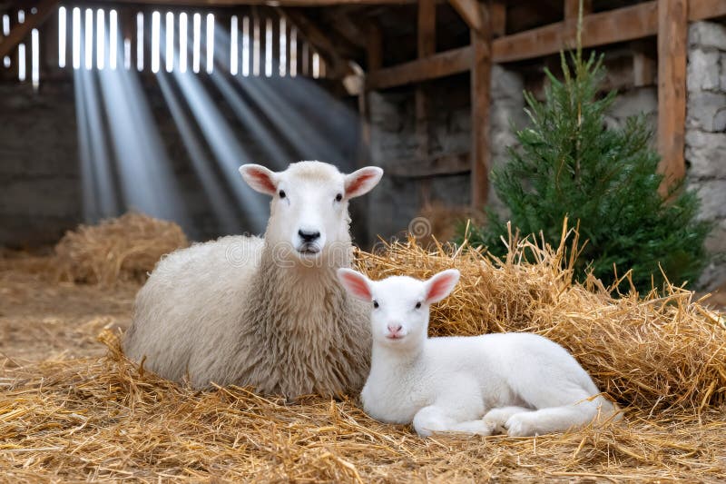 Ewe and lamb resting on straw in barn with sun rays shining through window stock illustration