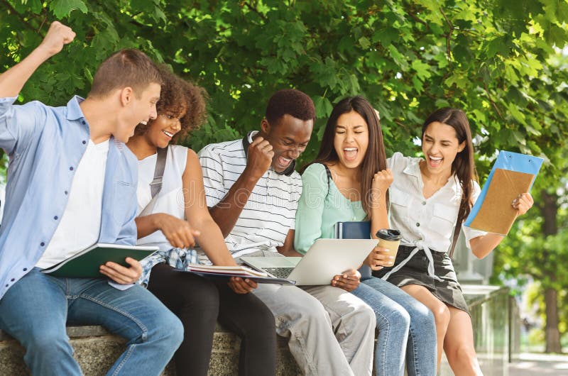 Students celebrate Result. Result Group. Student is Notebook. Resulting group