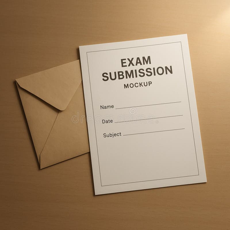 Exam submission sheet with envelope—academic test hand-in concept photo stock illustration