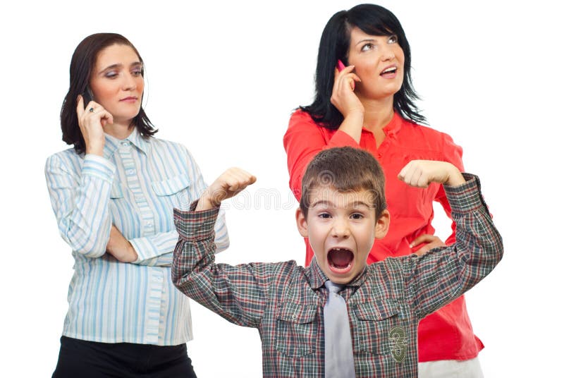 Exasperated child about two women who talk on the phone mobile and do not pay attention to him isolated on white background,check also in this collection series:. Exasperated child about two women who talk on the phone mobile and do not pay attention to him isolated on white background,check also in this collection series: