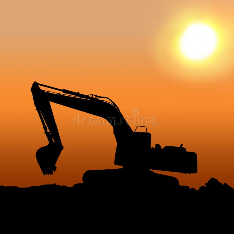 Excavators with orange sky and sun