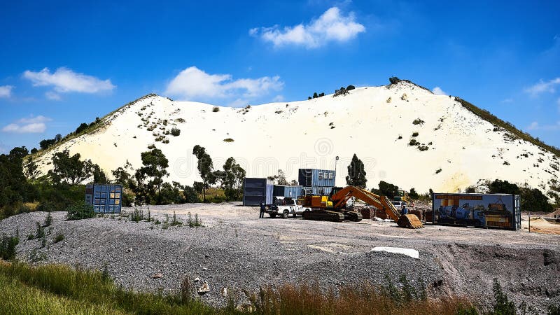 Excavator in front of white overburden royalty free stock photos