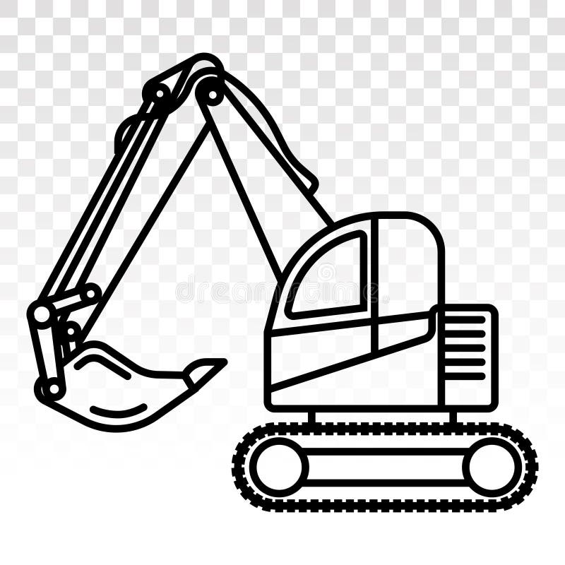 Excavator heavy equipment line art icons on a transparent background.