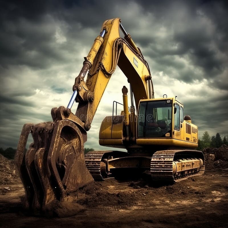 Excavator with Long Arm Ready for Work,backhoe,AI Generated Stock Image