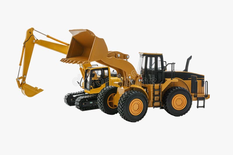 Excavator model and Wheel loader on a white background. Track hoe construction excavator stock images, royalty-free photos and pictures