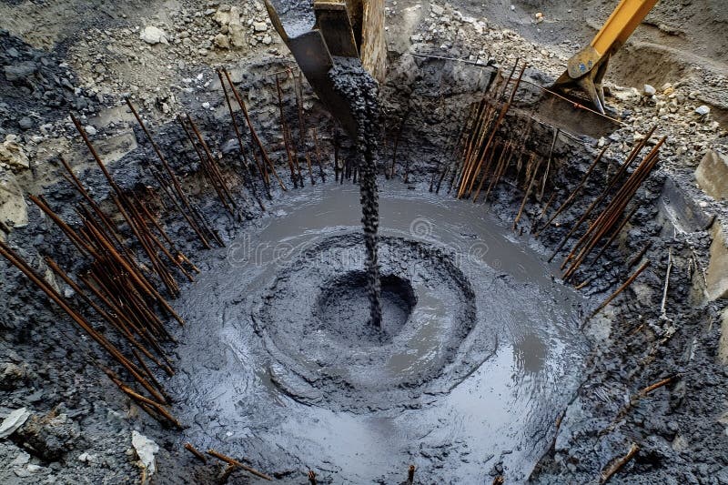 Excavator pouring concrete into foundation with rebar reinforcement at construct. Excavator pours wet concrete into a circular foundation hole reinforced with rebar at a construction site, creating swirling patterns in the cement mixture AI generated